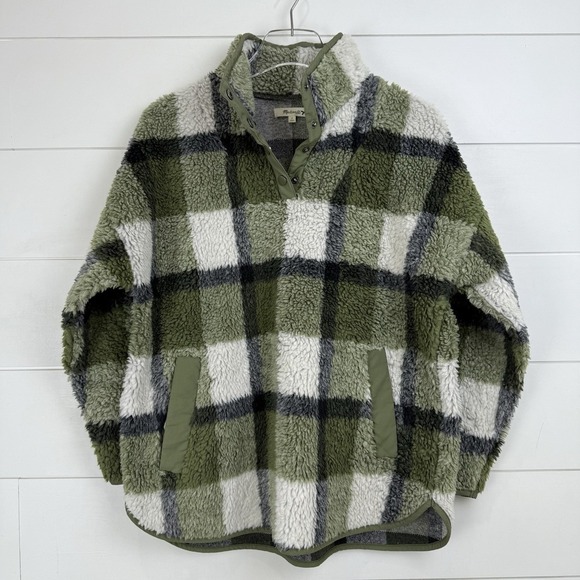Madewell (Re)sourced Sherpa Popover Tunic Jacket Plaid Green Women Small NB532‎ - Picture 2 of 15
